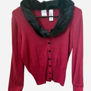 Emma James By Liz Claiborne Red Burgundy Cardigan with Black Angora Fur Collar